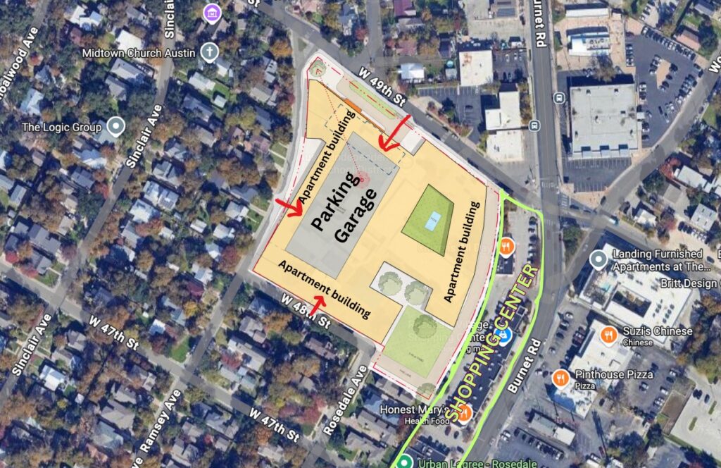 Map of Rosedale School in relation to the neighborhood and Burnet Road.