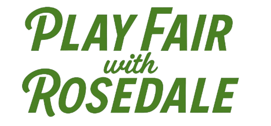 play fair with rosedale logo, green letters on white background