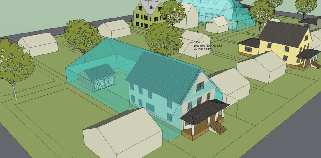 An illustration of a McMansion in a neighborhood